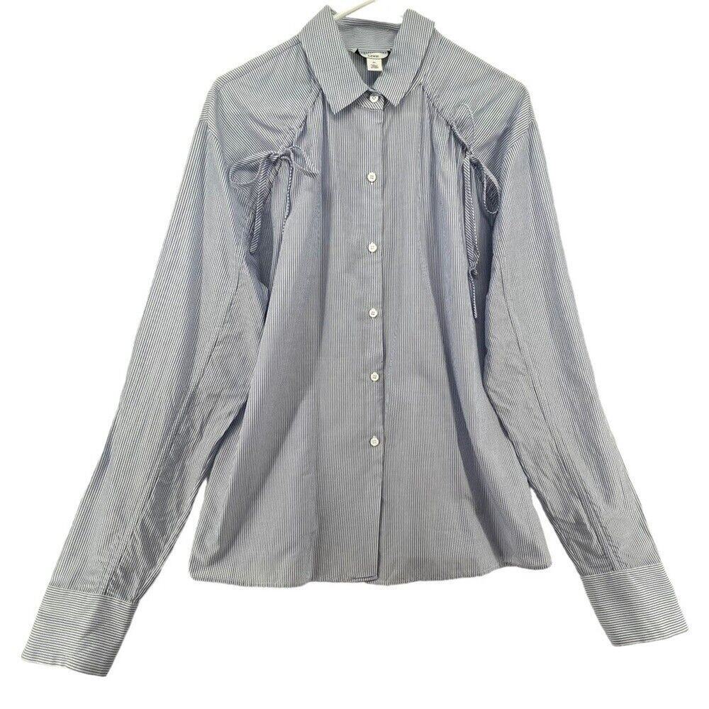 Lewit Size Medium Button Front Blouse Shirt Blue White Stripes Ties at Shoulders